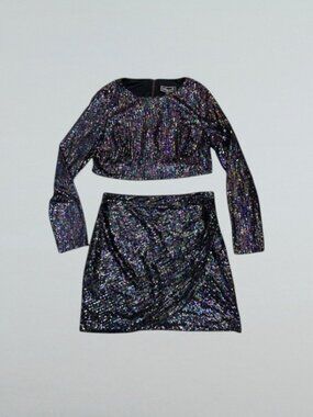 Sequin 2 Piece Crop Top Mini Skirt Set Size 15 Black Multi Party Holiday